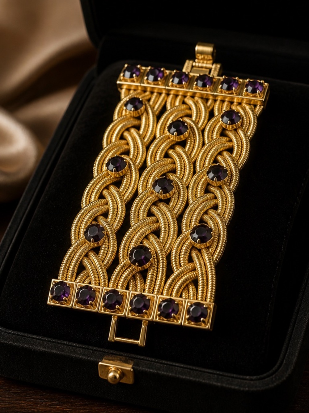 Gold-Tone Multi-Row Bracelet with Amethyst Purple Gemstones